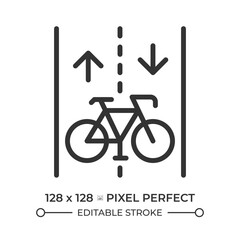Bicycle lane pixel perfect line icon. Roadway for cyclists only. Traffic system organization. Road infrastructure. Isolated vector illustration. Outline symbol. Simple linear drawing. Editable stroke