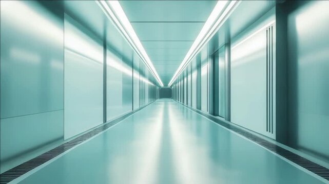 The  presents an expansive tunnel with a glossy floor that mirrors the ceiling lights. The tunnel leads to a vanishing point at the far end.