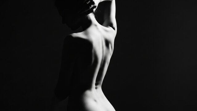 An artistic black and white photo showing the elegant lines of a woman's bare back.