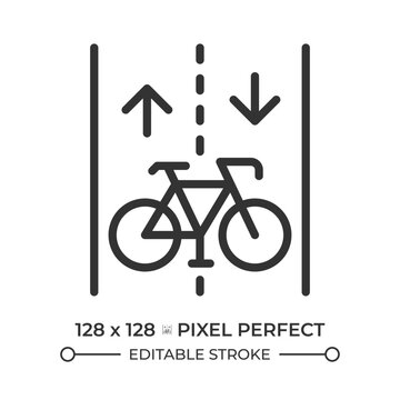 Bicycle lane pixel perfect line icon. Roadway for cyclists only. Traffic system organization. Road infrastructure. Isolated vector illustration. Outline symbol. Simple linear drawing. Editable stroke