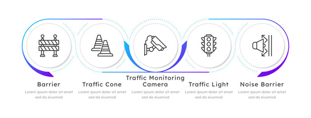 Road safety equipment blue gradient infographic 5 steps. Traffic monitoring. Vehicles redirection markers. Noise barrier. Editable thin line icons diagram process. Lexend Montserrat font used