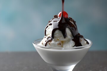 Hot fudge dripping down ice cream sundae offering indulgent dessert richness with warm molten chocolate appeal
