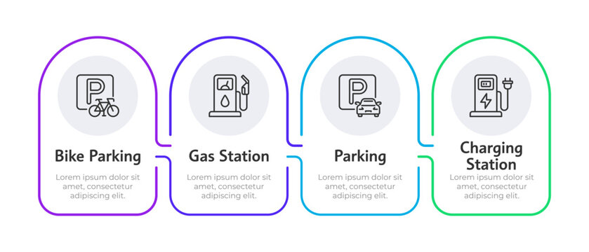 Parking sites and charging stations rounded horizontal infographic 4 steps. Vehicle services on way. Road infrastructure. Editable thin line icons diagram process. Lexend Montserrat font used
