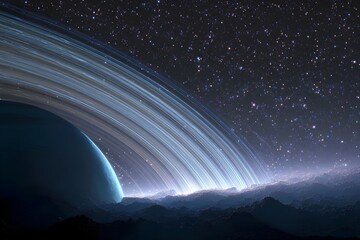 Exotic exoplanet with rings and atmospheric phenomena showcasing imaginative cosmic worldbuilding and otherworldly space beauty