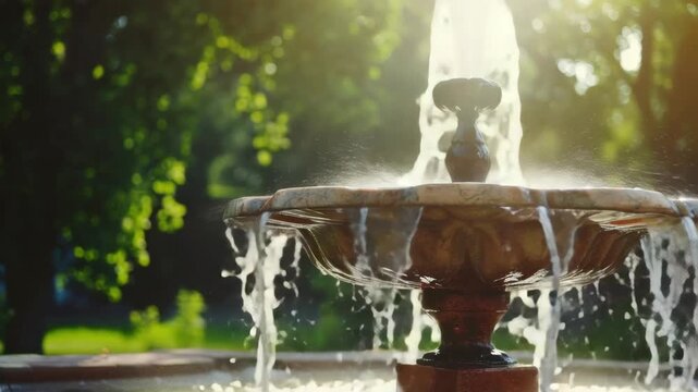 A sunny day with a sparkling water fountain at a park or garden. The sun shines through the clear stream of water.