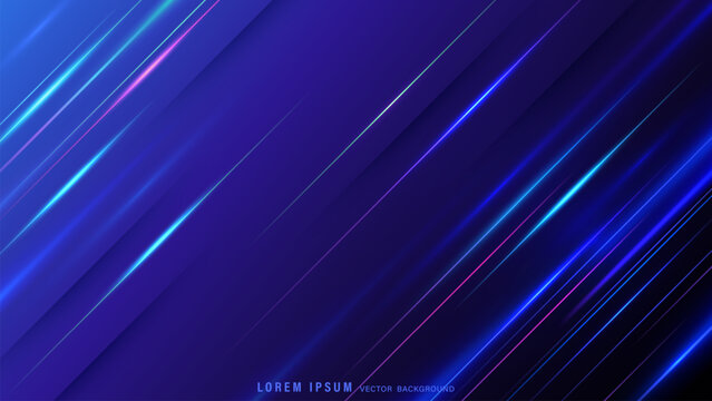 Abstract dark blue futuristic background with glowing neon diagonal lines