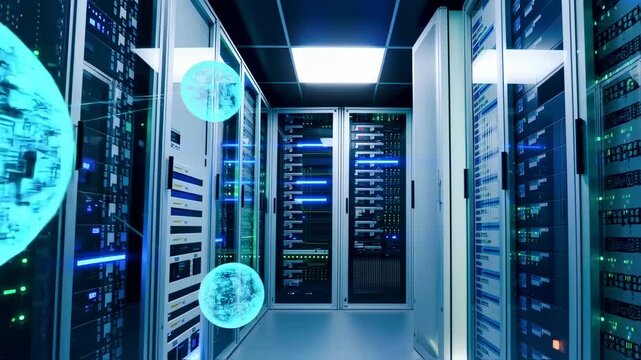 Datacenter with glowing spheres, servers, and blue lighting
