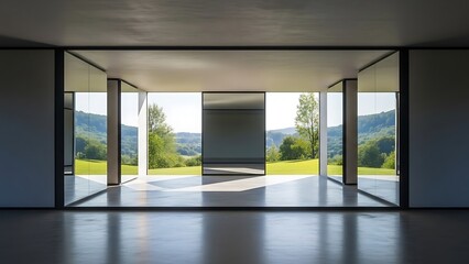 Fototapeta premium Empty square room with open hall is surrounded by large mirrors. natural outside view