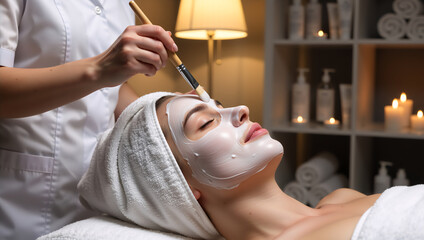 Cosmetologist applying a white facial mask to a relaxed woman's face in a spa salon. Professional skincare and beauty treatment procedure