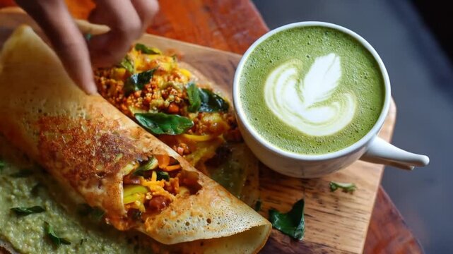 A close-up of a hand delicately preparing a crispy dosa filled with savory ingredients, accompanied by a vibrant green chutney and a beautifully crafted cup of green tea on a wooden platter