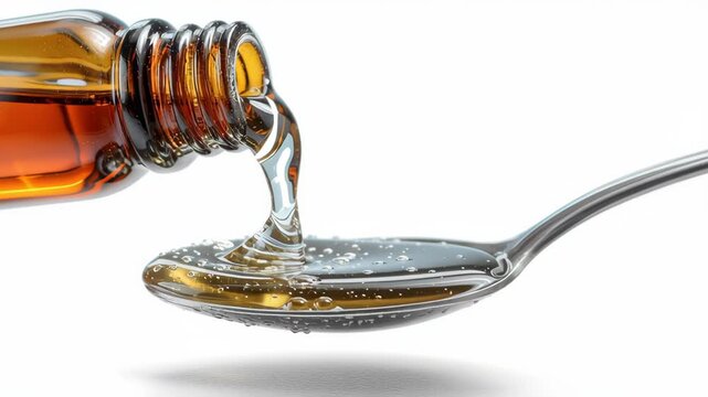 Liquid medicine syrup pouring from brown glass bottle into metal spoon with clear bubbles showing smooth texture and detailed flow on white background close up view
