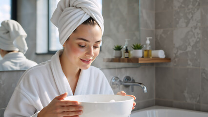 Young woman with towel on head doing facial steam treatment in bathroom. Happy female holding bowl with hot water for skincare routine. Spa and wellness concept