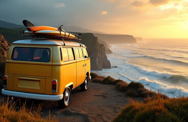 Yellow vintage van with surfboards on roof parked cliffside ocean view at sunset. Coastal road trip adventure, surfing lifestyle, travel freedom. Serene nature, warm golden hour light.