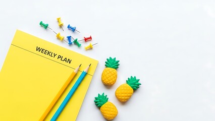 Bright yellow weekly plan notebook with pineapple erasers and pushpins