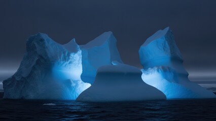 A group of icebergs at night, one of which is glowing with a bright blue light.