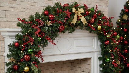 Naklejka premium Festive Christmas Garland on White Fireplace Mantel with Red and Green Ornaments and Gold Ribbon