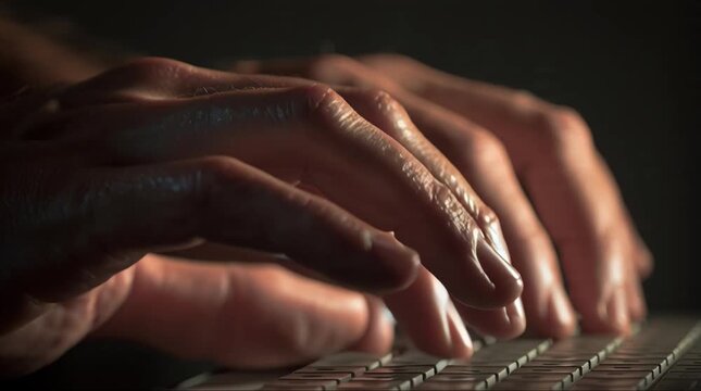 Close-up of hands typing on keyboard in dim lighting