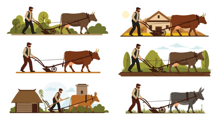 Farmer plowing field with oxen traditional agriculture scene