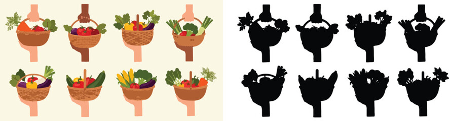 Hands holding baskets of fresh vegetables with transparent background