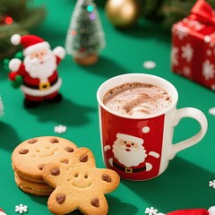 4k high quality Ai generative HD photo realistic red green white Christmas tree ornament bauble decoration gingerbread biscuit cookies cup glass milk chocolate Santa Claus background mug doll statue
