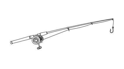 Fishing Rod with Hook on Long Pole in Black and White Line Drawing