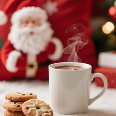 4k high quality Ai generative HD photo realistic red green white Christmas tree ornament bauble decoration biscuit cookies cup glass milk chocolate Santa Claus background mug doll statue