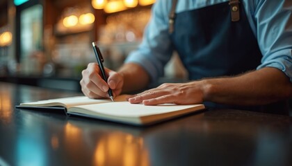 Man wears blue shirt and dark apron writing in journal at bar counter. Closeup on hand holding pen making notes in notebook. Indoor scene with soft warm lighting.