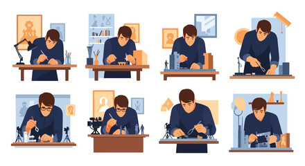 Miniature model crafting scenes in a workshop