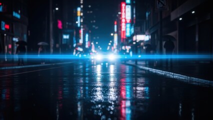 Fototapeta premium A futuristic, neon-lit city street at night with wet pavement reflecting the lights and a car's headlights creating a blue lens flare.