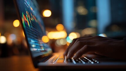 Hands typing on laptop with candlestick chart, urban trading and financial analysis