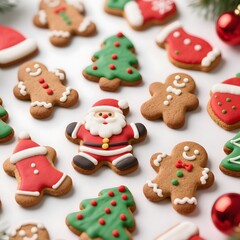 4k high quality Ai generative HD photo realistic red green white Christmas tree ornament decoration gingerbread biscuit cookies milk chocolate Santa Claus background icing sugar sweet fresh bake