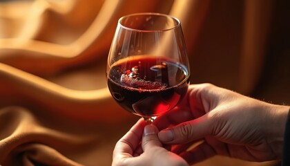 Hands gently hold a glass filled with rich red wine. The alcoholic beverage has a warm amber hue. Bubbles rise to the surface as the liquid is swirled. Luxurious tasting experience.