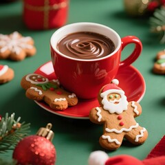 4k high quality Ai generative HD photo realistic red green white Christmas ornament bauble decoration gingerbread bake oven cookies cup mug glass milk chocolate Santa Claus background plate