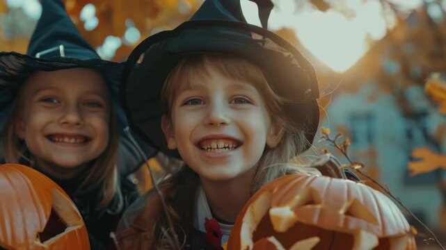 Three smiling children dressed as wizards and fairies posing for a picture with pumpkins in autumn leaves