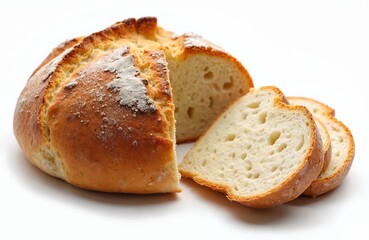 Round loaf of peasant bread with crusty golden brown exterior and soft white crumb, cut into thick slices. Isolated on a clean white background for easy use in recipes and food blogs.