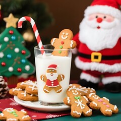 4k high quality Ai generative HD photo realistic red green white Christmas tree ornament bauble decoration gingerbread bake oven cookies glass milk joy mini Santa Claus background carol candy cane
