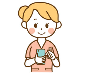 スマートフォンを操作する笑顔の女性医療スタッフのイラスト｜看護師,歯科衛生士,スマホ,連絡,制服,デジタル機器