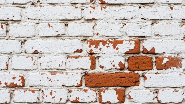A white brick wall with patches of peeling paint showing the red bricks below. - Powered by Adobe