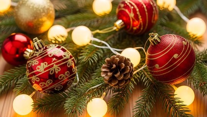 A close-up view of festive red and gold Christmas baubles, a natural pine cone, and warm white globe string lights nestled among green pine or fir branches resting on a wooden surface, creating a beau