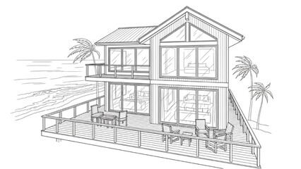 High-quality black line art of a beach house exterior with deck, large windows, and ocean view, coastal modern architecture design