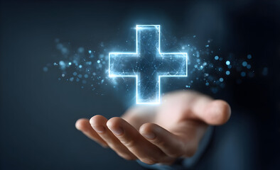 Obraz premium A hand holding a glowing medical cross symbolizing health and care in a modern digital context.