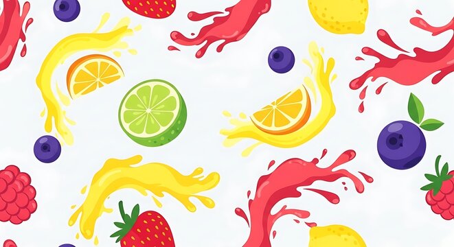 Colorful seamless pattern with fresh fruits and juice splashes. - Powered by Adobe
