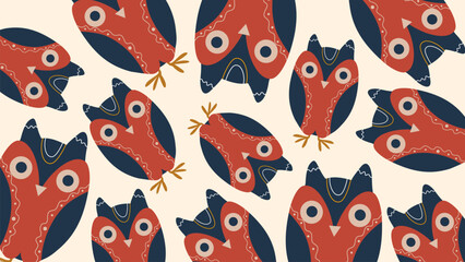 Materiał do szycia Nordic Owl Birds Abstract Folk Art Seamless Pattern