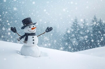 Fototapeta premium Smiling Snowman In Winter Wonderland Scene