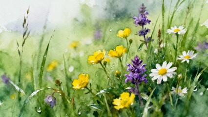Obraz premium A vibrant meadow with yellow, purple, and white wildflowers in a lush green field, dewdrops on petals and grass.