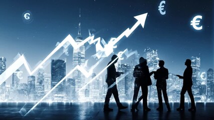 Silhouetted business people discuss finance, overlayed on a city at night. Currency symbols - Footage - Powered by Adobe