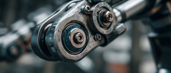 Close-up view of mechanical robot arm components in industrial setting