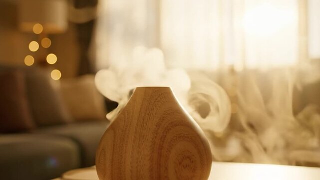 Wooden aroma diffuser emitting mist in a warm cozy home setting