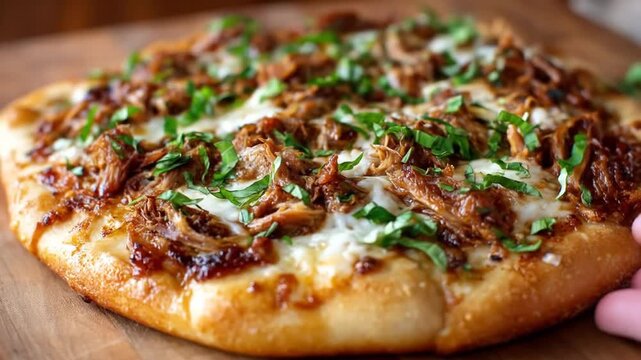 A freshly baked flatbread topped with savory pulled meat and garnished with fresh herbs, placed on a wooden board, showcasing a warm and inviting culinary scene