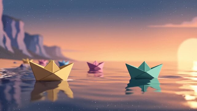 Paper Boats Floating on the Ocean at Sunset in Cartoon Style